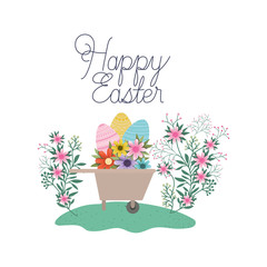 happy easter label with wheelbarrow isolated icon