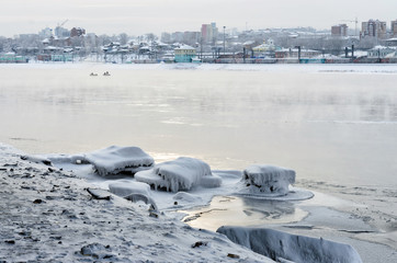 Winter city landscape by a Angara river in Irkutsk