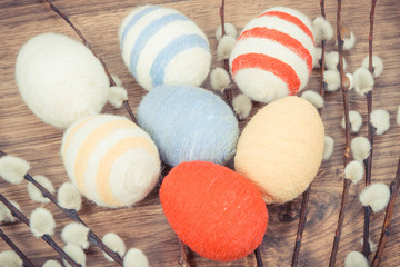 Vintage photo, Colorful eggs and Easter catkins as festive decoration