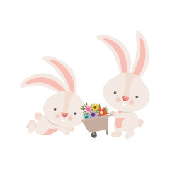 bunnies with wheelbarrow and flowers isolated icon