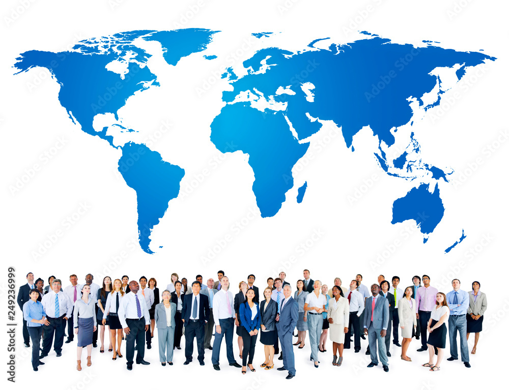 Wall mural business people and a blue world map - Wall murals