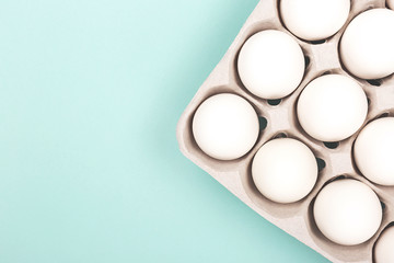 Eggs in egg box on mint background