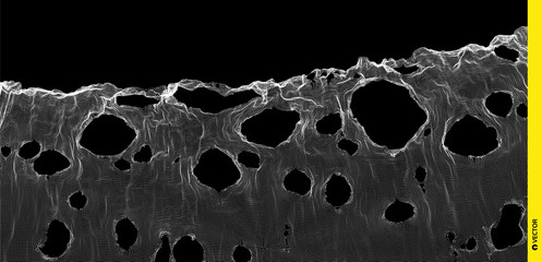 This spiderweb has been broken. Abstract grid background with hole. Array with dynamic particles. Texture. 3D grid surface.  Technology vector illustration.