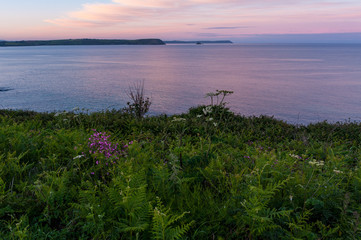 Obraz premium Vibrant colours of Cornish coast at dusk, Portscatho, Roseland Peninsula, Cornwall, England