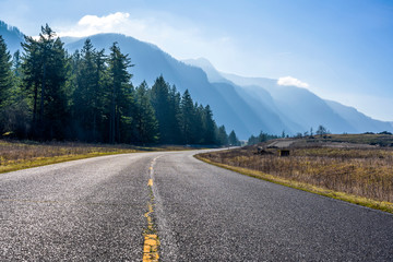 Landscape Curving Road to Columbia River Gorge with Firs and Mountains