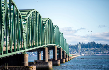 Long arched sectional bridge across the mouth of the Columbia River in Astoria