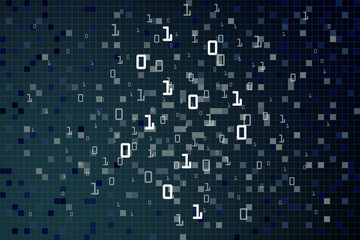 computer data matrix. vertical digital binary code moving motion downward. light up blue one and zero text flowing down. black background pixels space with multiple layers coding.