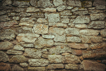 old wall of stone shell rock of arbitrary shape. toned image. background for titles
