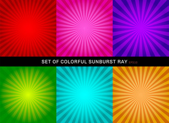 Set of retro shiny colorful starburst background. Collection of abstract sunburst radial red, pink, purple, green, blue, orange backgrounds.