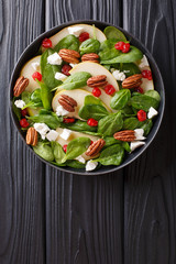 Dietary raw salad of pears, spinach, pecans, goat cheese and dried cherries close-up on a plate....