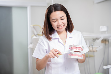 Woman dentist practicing work on tooth model 