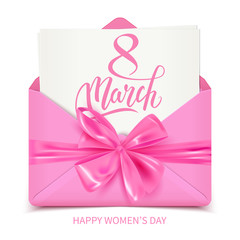 Happy International Women's Day greeting in pink decorative envelope with bow, 8 March, postcard, vector illustration