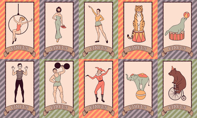Vintage circus hand drawn characters set, performers, people and animals, vector illustration