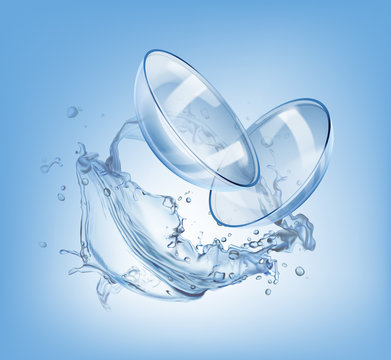 Vector illustration of realistic contact lenses for eyes in splashing water. Ads template on background