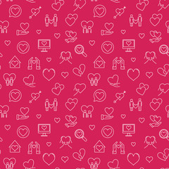 Valentines day vector outline red seamless pattern. 14 February concept linear background