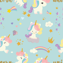 Obraz na płótnie Canvas Cute unicorn seamless pattern background, t-shirt, card. Vector