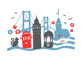 Istanbul landmarks. Hand drawn doodle turkish symbols: the Galata tower, tram, Bosphorus bridge, Maiden tower, fountain, cat, ferry, seagull. Flat minimalistic design in blue, red, black colors. - Vec