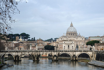 Fototapeta na wymiar Beautiful view of the Cathedral of St. Peter and the Tiber River in Rome.