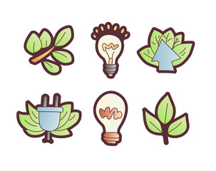 Save enegry vector cartoon icons. Green leaves with bulb, save the planet icon set. Electricity and green leaves eco, ecologic concept icon set. Cartoon save energy icon set