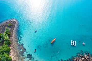 Aerial view blue sea white sand beach with coconut palm tree