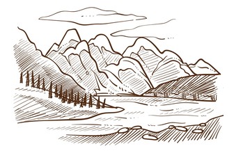 Valley landscape mountains and river forest and hills sketch