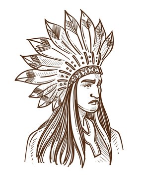 or Indian native American in feather hat sketch portrait
