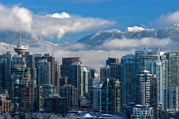 Snow in Vancouver. Vancouver downtown and mount Seymour  view from Broadway. British Columbia. Canada.