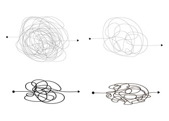 Insane messy line. Complicated clew way. Tangled scribble vector path. Chaotic difficult process. Vector illustration.
