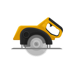 Professional circular saw with steel toothed disc. Power tool for cutting wood or metal. Flat vector design