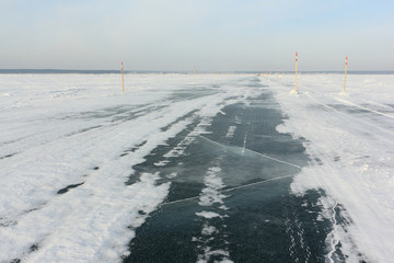 Ice road,  river crossing on the Ob reservoir, Novosibirsk region, Western Siberia, Russia