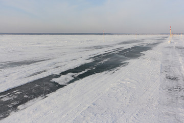 Ice road,  river crossing on the Ob reservoir, Novosibirsk region, Western Siberia, Russia