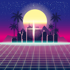 Synthwave Retro Futuristic Landscape With City Palms, Sun, Stars And Styled Laser Grid. Neon Retrowave Design And Elements Sci-fi 80s 90s Space. Vector Illustration Template Isolated Background