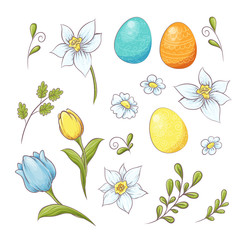 Set of Easter design elements. Eggs, tulips, flowers, willow, branches, basket, tulips, narcissus. Perfect for holiday decoration and spring greeting cards.