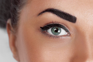Obraz premium Eyes. Closeup of beautiful woman with brown eyes make up eye shadow.