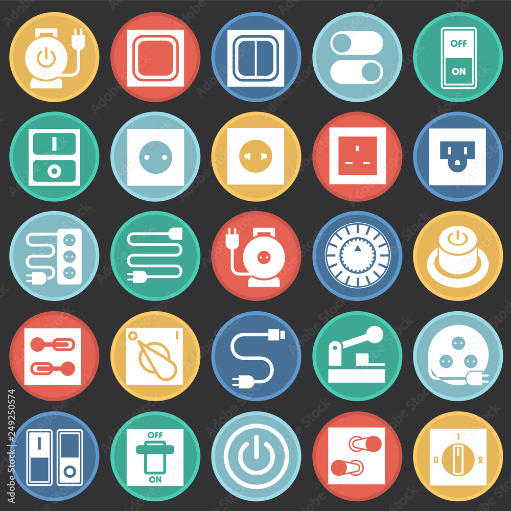 Poster electric ware icons set on color circles black background for graphic and web design, modern simple 