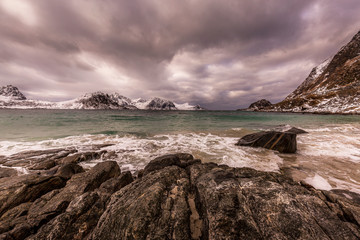 view from the rocks at the beach, Lofoten, Norway