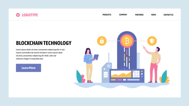 Vector web site gradient design template. Blockchain technology and cryptocurrency. Online digital money, bitcoin, ethereum. Landing page concepts for website and mobile development. illustration.