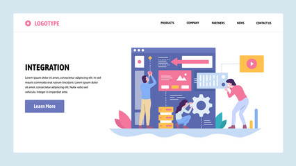 Obraz premium Vector web site gradient design template. Software and website development. Team building new app integration. Landing page concepts for website and mobile development. Modern flat illustration.