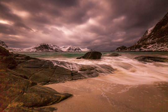 long expousere at the beach, Lofoten, Norway