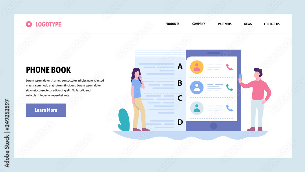 Aufkleber vector web site gradient design template. mobile phone contacts list. landing page concepts for webs