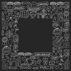 Vector set of learning English language, children's drawing icons in doodle style. Painted, black monochrome, chalk pictures on a blackboard.