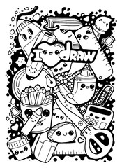 Doodling vector black-and-white coloring the background of the characters kawaii, stationery, office. Lettering I love draw