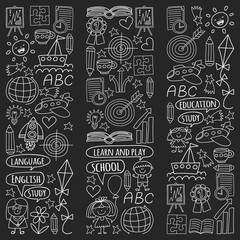 Vector set of learning English language, children's drawing icons in doodle style. Painted, black monochrome, chalk pictures on a blackboard.