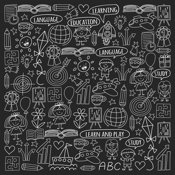 Vector set of learning English language, children's drawing icons in doodle style. Painted, black monochrome, chalk pictures on a blackboard.