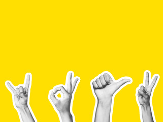 Positive emotional good hipster signs swing the power of steadfast power well. on a yellow background. Magazine collage. Image.