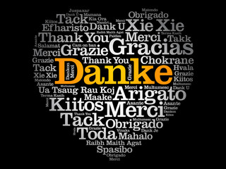 Danke (Thank You in German) Love Heart Word Cloud in different languages