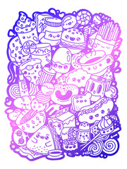 Kawaii vector doodling characters delicious food set hand drawn color gradient