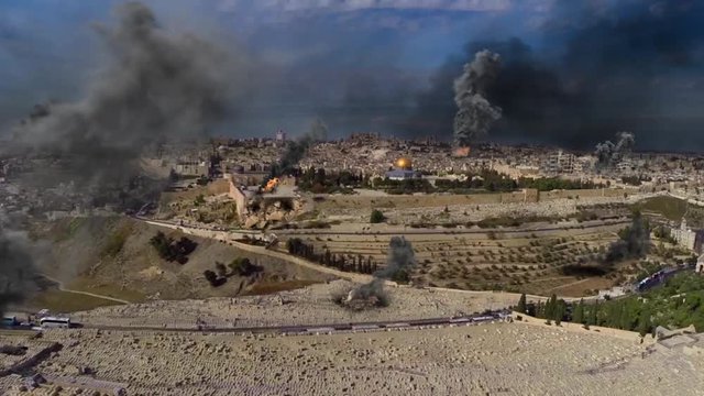Jerusalem Under attack in war aerial view Illusttion Video Compisting simulates Real drone footage with visual effects elements of Israel Jerusalem city under attack with smoke explosions and Destroye