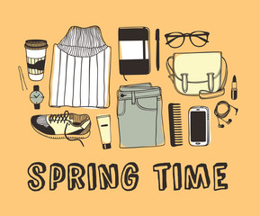 Hand drawn Spring Fashion illustration wear and quote SPRING TIME. Actual Season vector on yellow background. Artistic doodle drawing jumper, jeans, sneakers, bag and text. Creative ink art work