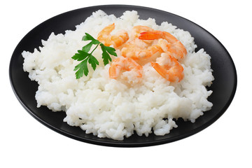 White rice with shrimps in black bowl isolated on white background